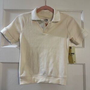 Copper Denim White Ribbed Short Sleeve Polo Women Sz 4 Collared Casual Shirt NWT